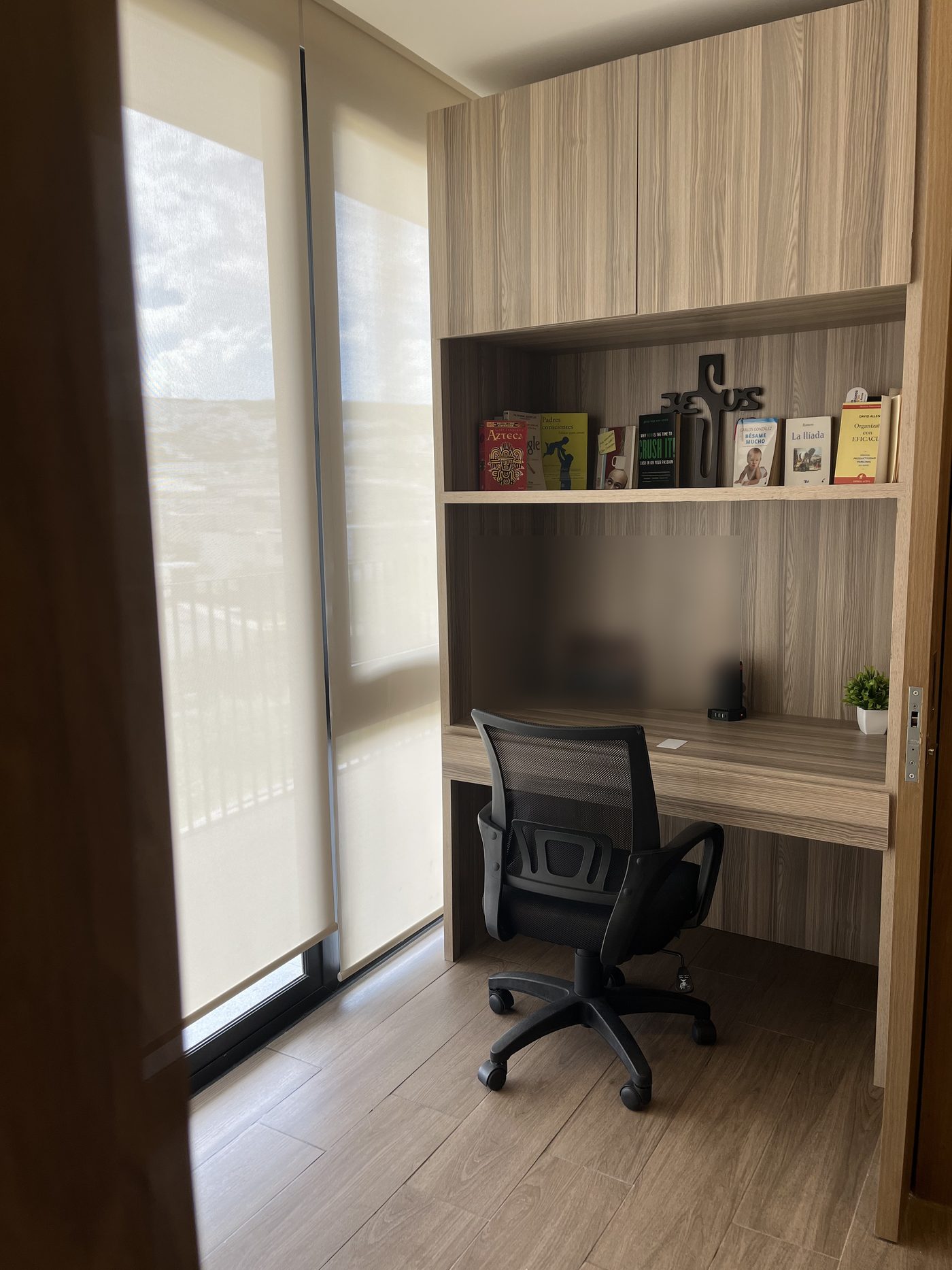 Home office with desk and terrace light